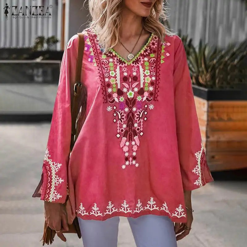 ZANZEA Stylish Shirts 2023 Women Bohemian Floral Printed Blouse Spring V Neck Long Sleeve Tops Casual Holiday Blusas Chemise