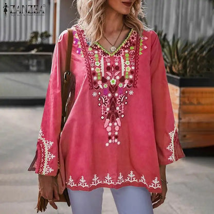 ZANZEA Stylish Shirts 2023 Women Bohemian Floral Printed Blouse Spring V Neck Long Sleeve Tops Casual Holiday Blusas Chemise