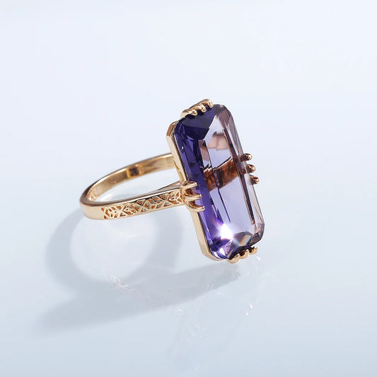 Huitan Long Shape Acrylic Purple Stone Rings for Women Fashion Bridal Wedding Party Ring Elegant Lady Accessories Trendy Jewelry