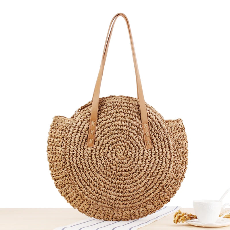 Round Straw Beach Bag Vintage Handmade Woven Shoulder Bag Raffia circle Rattan bags Bohemian Summer Vacation Casual Bags