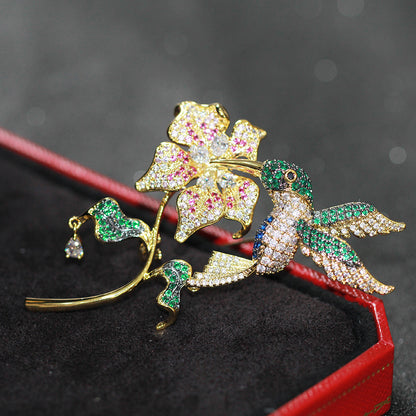 Trendy Floral Blooming Delicate Bird Zircon Exaggerated Brooch Luxury Temperament Flower Gold-plated Brooch Women New Year Gift