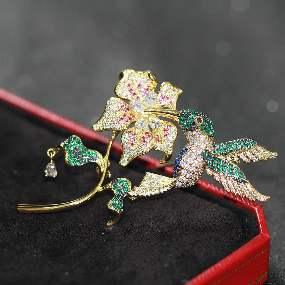 Trendy Floral Blooming Delicate Bird Zircon Exaggerated Brooch Luxury Temperament Flower Gold-plated Brooch Women New Year Gift