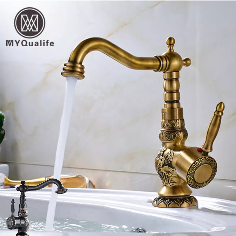 Home Decoration Bathroom Sink Mixer Faucet Crane Single Handle Water Tap Brass Antique Faucet Hot and Cold Water