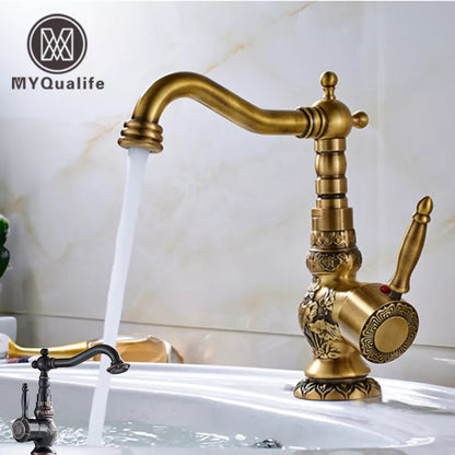 Home Decoration Bathroom Sink Mixer Faucet Crane Single Handle Water Tap Brass Antique Faucet Hot and Cold Water