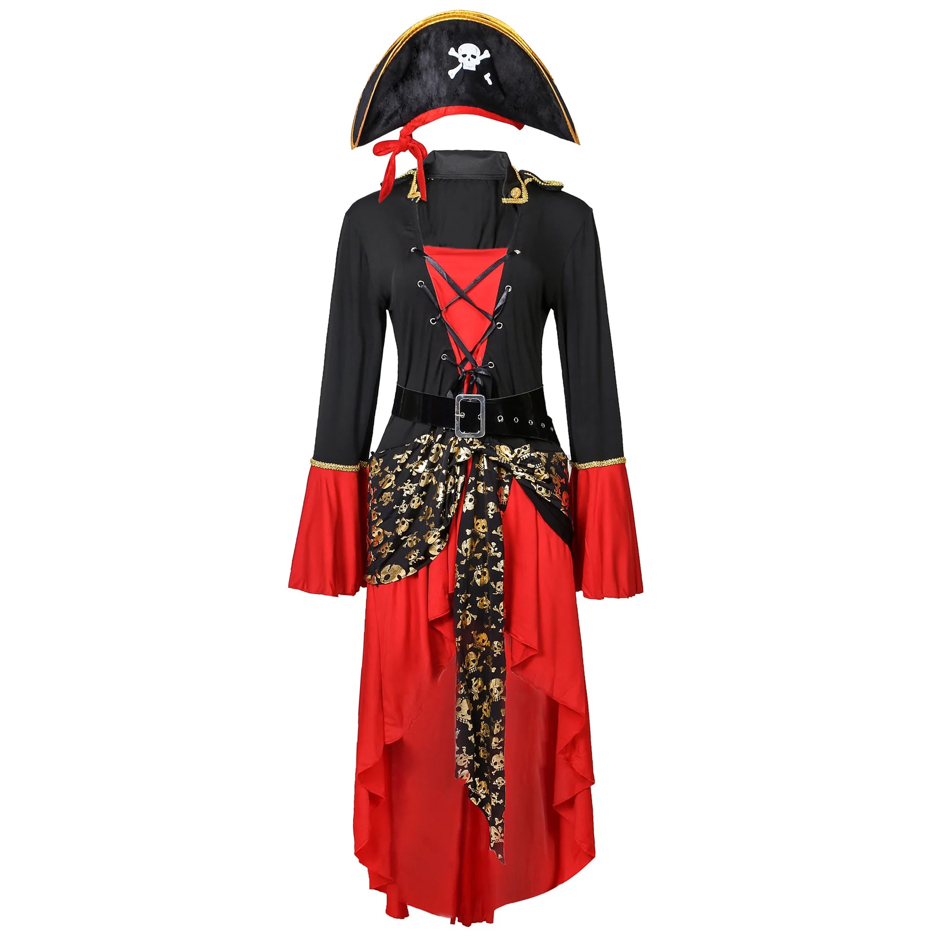 EtherealBe women's pirate costume featuring a black and red design with bell sleeves and a pirate hat