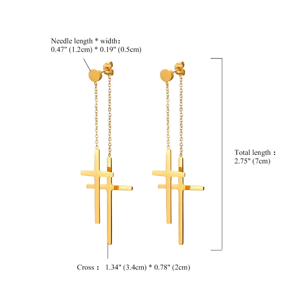 Boniskiss Fashion Tassel Double Cross long Drop Earrings Gold Silver Color Stainless Steel Woman Party Christmas Gift Jewelry