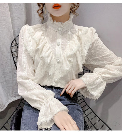 Spring Fashion  Long Sleeve Loose Button Women Shirt Elegant Stand Collar Pleated Tops Casual Ruffle Lace Blouse Blusas 15832