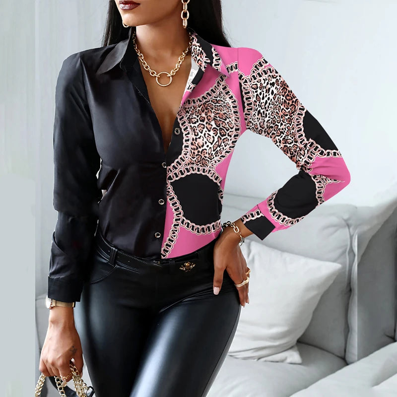 2024 Women Fashion Shirt Lady Long Sleeve Blouse Turn-down CollarButton Design Print  Casual Shirts