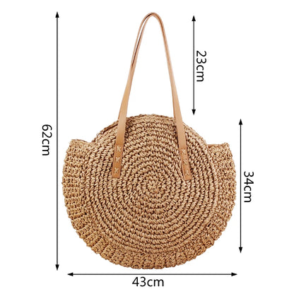 Round Straw Beach Bag Vintage Handmade Woven Shoulder Bag Raffia circle Rattan bags Bohemian Summer Vacation Casual Bags