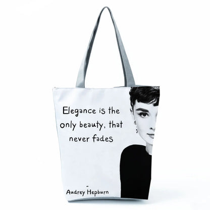 Audrey Hepburn Blowing Bubbles Printed Handbag Classic High Capacity Women Shoulder Bags Portable Eco Reusable Shopping Bags
