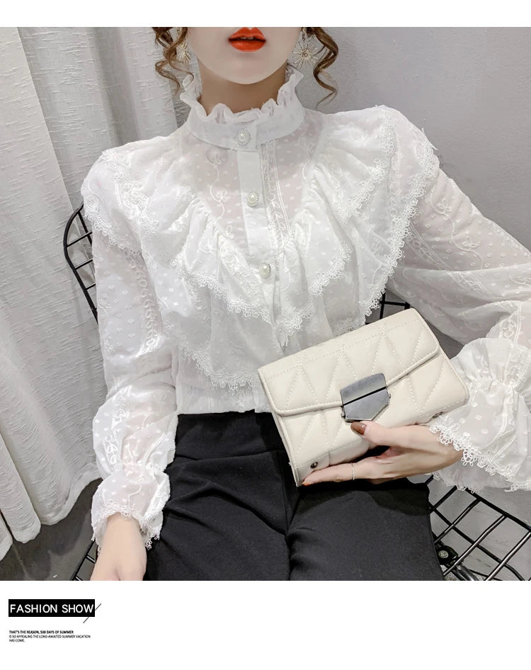 Spring Fashion  Long Sleeve Loose Button Women Shirt Elegant Stand Collar Pleated Tops Casual Ruffle Lace Blouse Blusas 15832