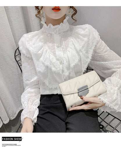 Spring Fashion  Long Sleeve Loose Button Women Shirt Elegant Stand Collar Pleated Tops Casual Ruffle Lace Blouse Blusas 15832