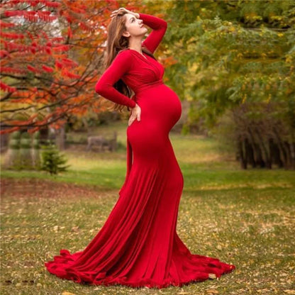Spring Elegant Maternity Dresses For Photo Shoot Pregnant Women Dress Long Sleeve V-Neck Pregnancy Photography Shower Dress