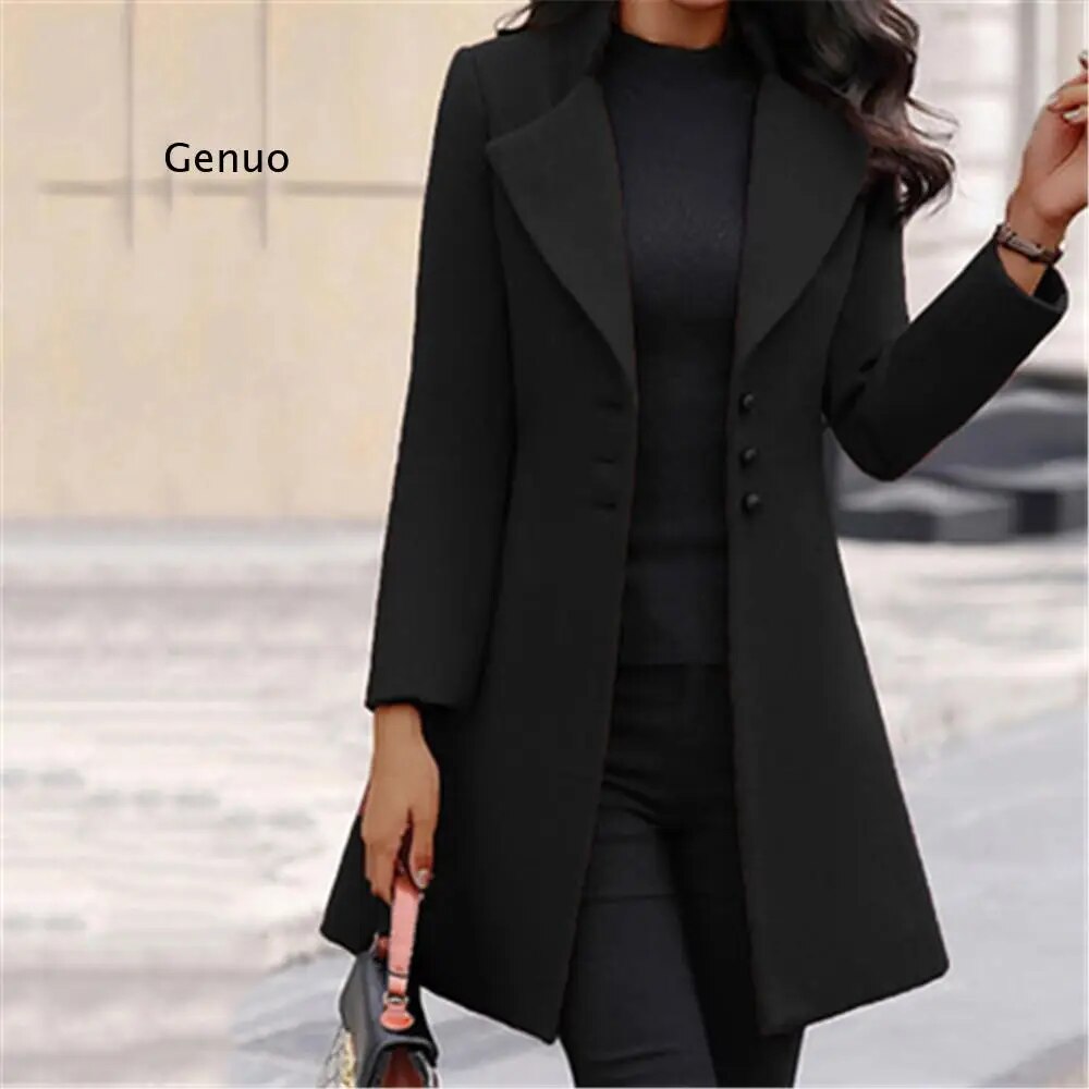 Women Fashion Long Sleeve Woolen Coat Lapel Solid Color Long Jacket Coat Korean Version New Fall Fashion Long Cardigan