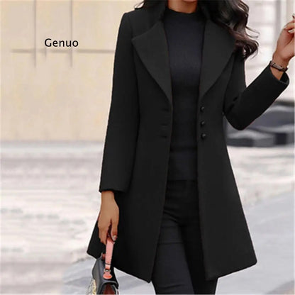 Women Fashion Long Sleeve Woolen Coat Lapel Solid Color Long Jacket Coat Korean Version New Fall Fashion Long Cardigan