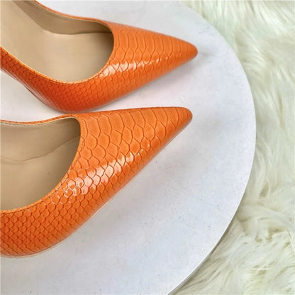 Women Orange Snake Pattern Pointed Toe Sexy 8/10/12Cm Customized Designer Shoes Plus Size 34-45 High Heels