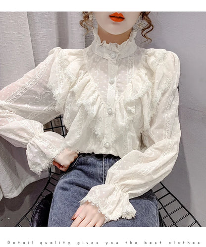 Spring Fashion  Long Sleeve Loose Button Women Shirt Elegant Stand Collar Pleated Tops Casual Ruffle Lace Blouse Blusas 15832