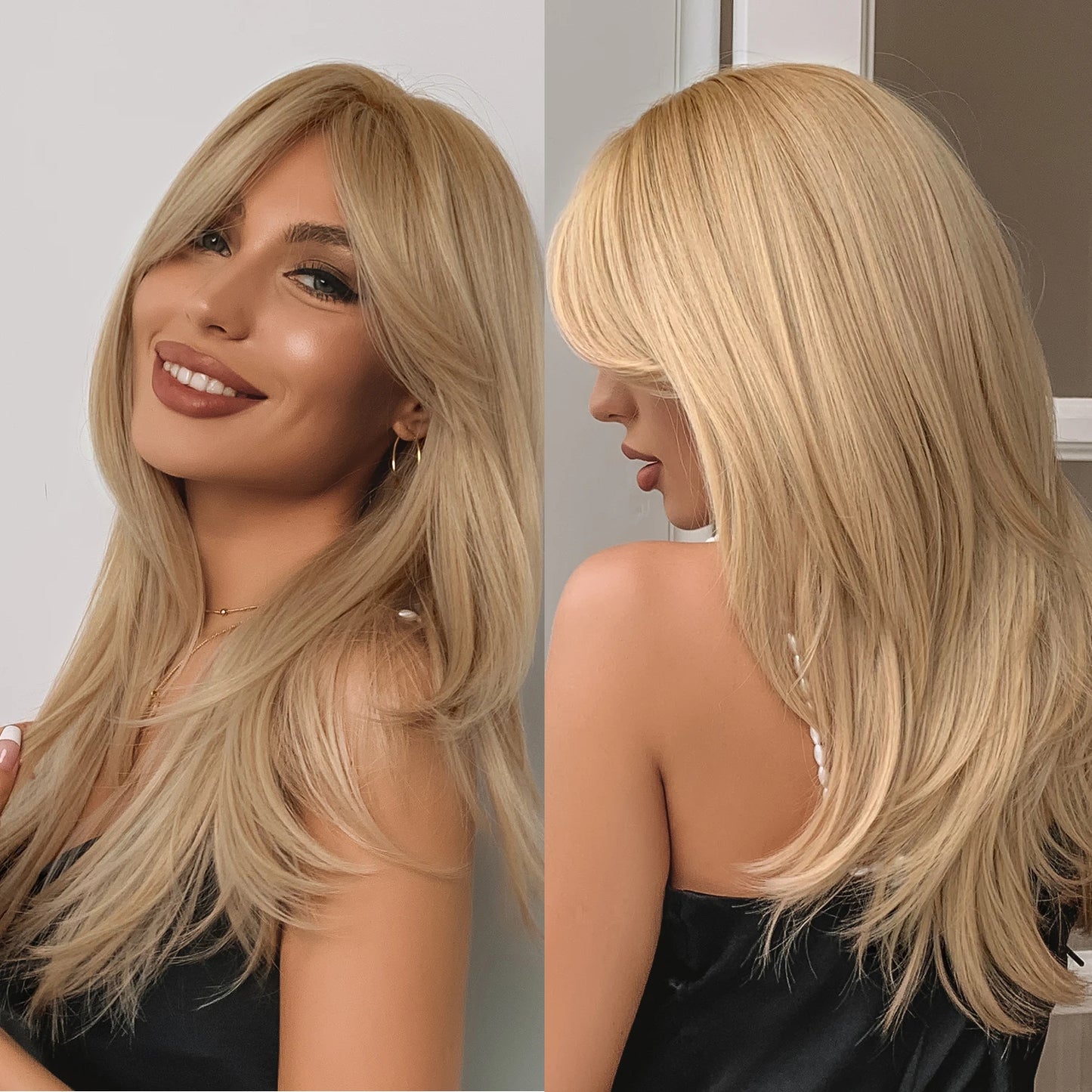Element Medium Length Synthetic Straight Natural Brown Wigs with Side Bangs Heat Resistant Party Wigs for White/Black Women