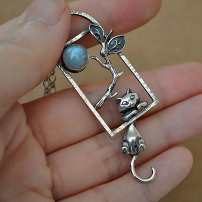 Cute Women Man Neck Pendants Silver Color Window Moonstone Cat Branches Pendant Charms For Making Jewelry Accessories DIY