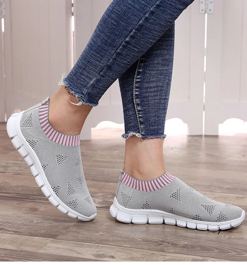 Women Shoes Plus Size Sneakers Women Breathable Mesh Sports Shoes Female Slip On Platform Sneakers White Knit Sock Shoes Casual