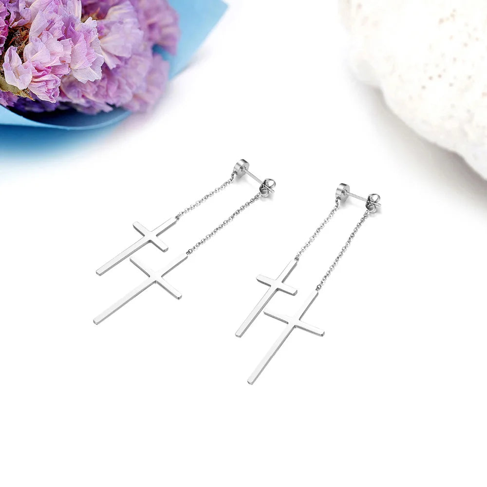 Boniskiss Fashion Tassel Double Cross long Drop Earrings Gold Silver Color Stainless Steel Woman Party Christmas Gift Jewelry