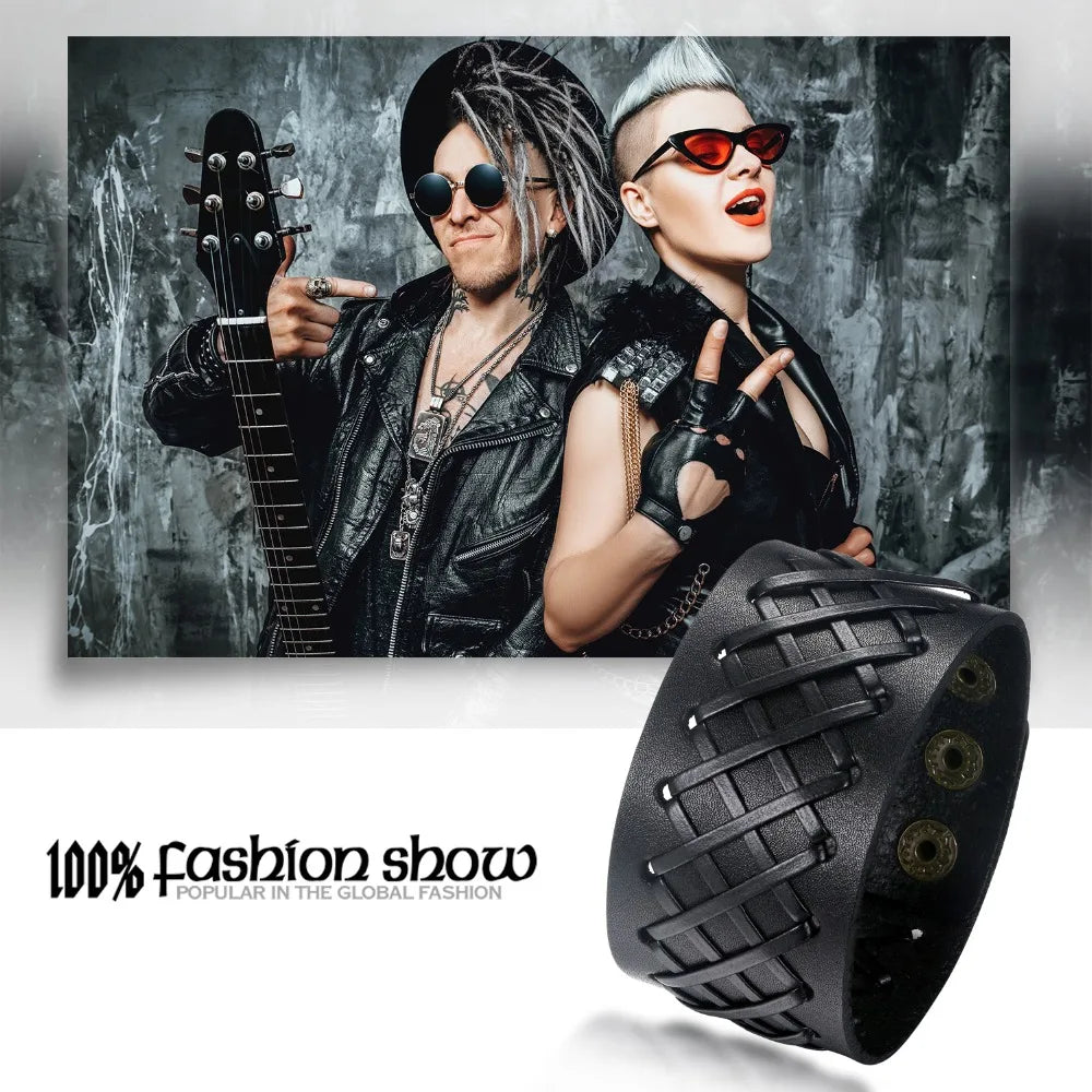 BONISKISS 2020 Fashion Stud Spikes Rivet Adjustable Leather Wristband Bangle Cuff Bracelet Wide Cuff Punk style Cool Men Jewelry
