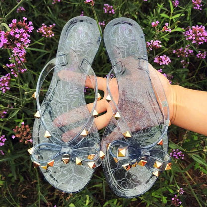 Slippers Hot Sale Fashion Women Flip Flops Summer Shoe Cool Beach Rivet Big Bow Flat Sandals Jelly Shoes Sandal Girls Size 36-42