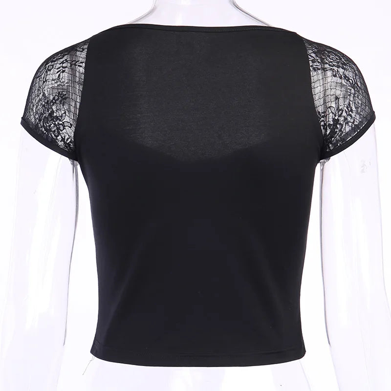 Women's Vintage Gothic T-shirt Bodycon Bandage Lace Black Mesh Top Sexy Casual Gothic Streetwear Female Top