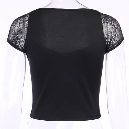Women's Vintage Gothic T-shirt Bodycon Bandage Lace Black Mesh Top Sexy Casual Gothic Streetwear Female Top
