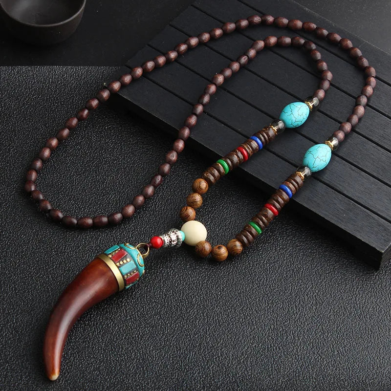 Vintage Handmade Necklace Nepal Buddhist Mala Wood Beads Pendant & Necklace Ethnic Horn Long Statement Men Women's Jewelry