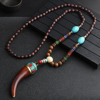 Vintage Handmade Necklace Nepal Buddhist Mala Wood Beads Pendant & Necklace Ethnic Horn Long Statement Men Women's Jewelry