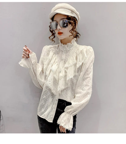 Spring Fashion  Long Sleeve Loose Button Women Shirt Elegant Stand Collar Pleated Tops Casual Ruffle Lace Blouse Blusas 15832