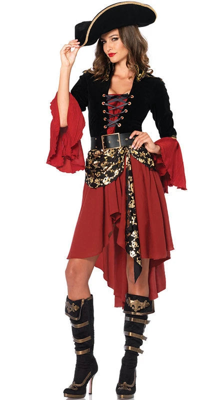 EtherealBe women's pirate costume with red dress, black corset, and stylish hat for Halloween parties