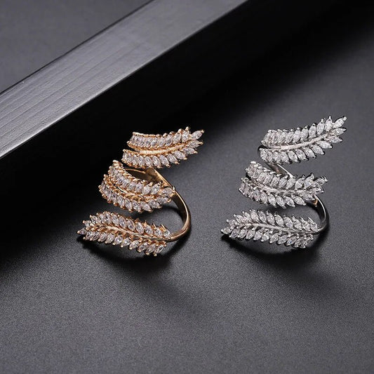 New Fashion Beautiful Women Ladies Ring Girls Zircon Leaf Open Adjustable Flower Fashion Jewelry Rings Gift