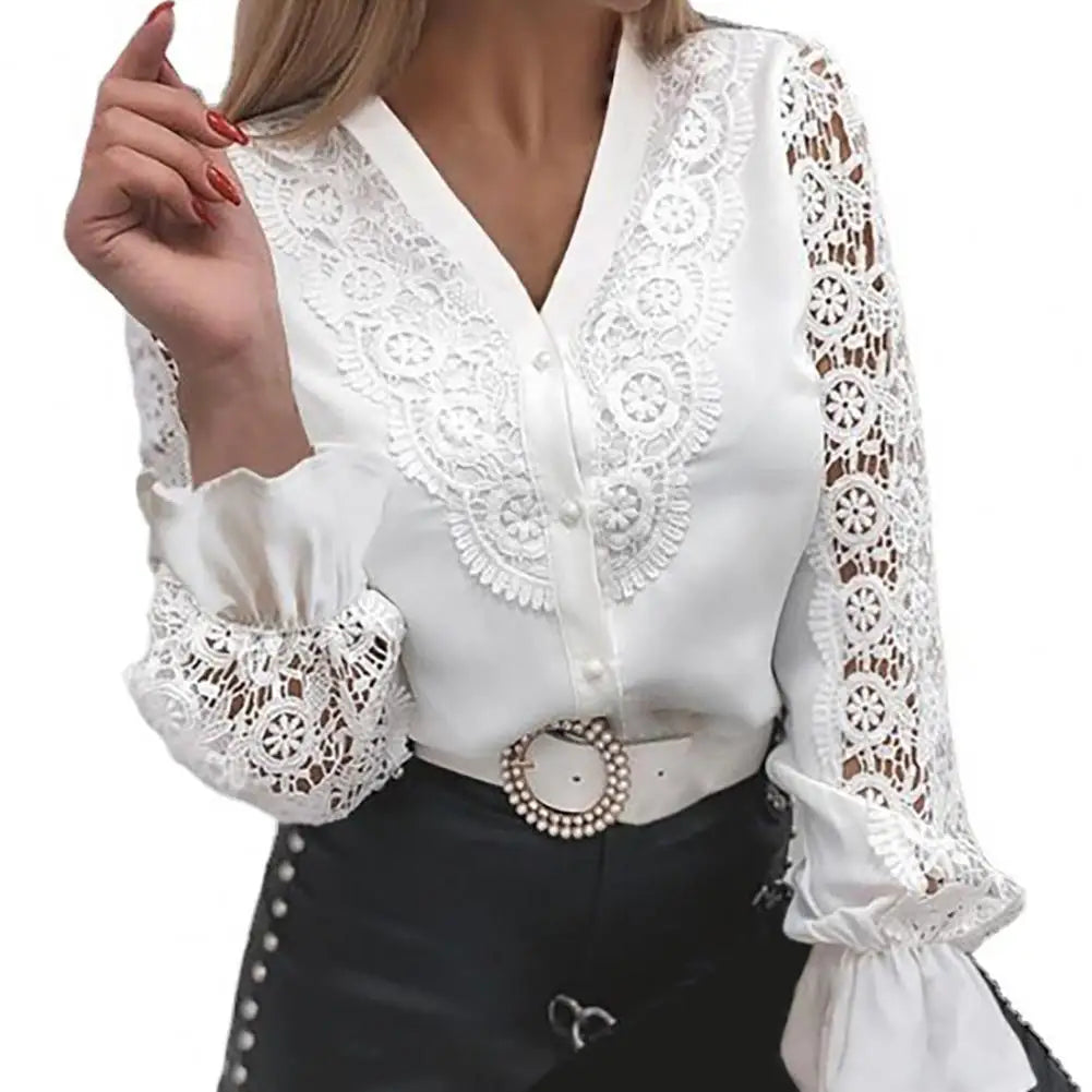 Women Sexy Lace Patchwork Hollow Out Shirt Long Sleeve Crew Neck Button Mesh Design Blouse Spring Fashion White Vintage Shirts