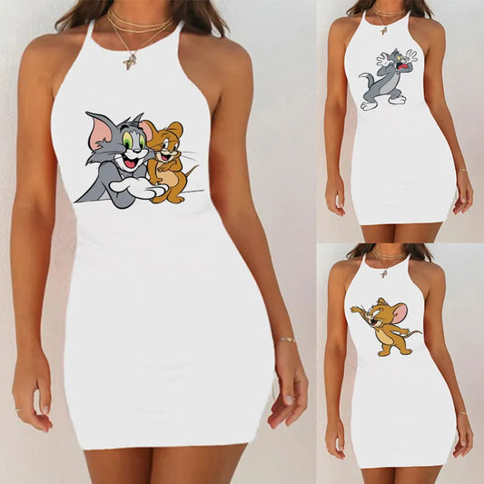 Cartoon Cat Print Night Dress Summer Women Nightgown Slim Pack Hip Sleeveless Sleepshirts Camisola Sexy Night Dress Sleepwear