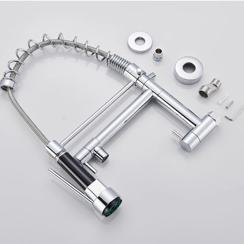 Wall Mounted Spring Kitchen Faucet Chrome Black Pull Down Sink Faucets Single Cold Water Dual Spouts Mixer 360 Rotation Crane