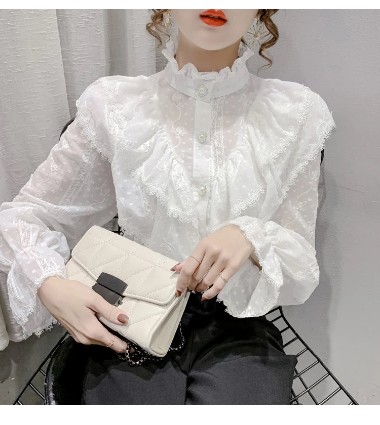 Spring Fashion  Long Sleeve Loose Button Women Shirt Elegant Stand Collar Pleated Tops Casual Ruffle Lace Blouse Blusas 15832