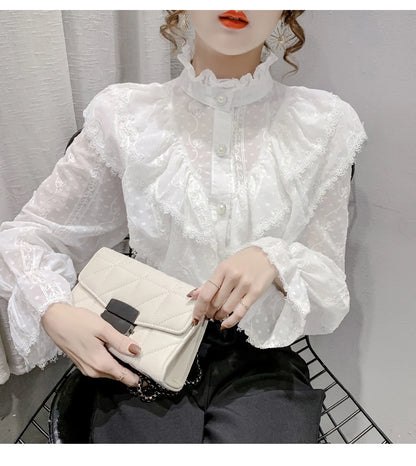 Spring Fashion  Long Sleeve Loose Button Women Shirt Elegant Stand Collar Pleated Tops Casual Ruffle Lace Blouse Blusas 15832