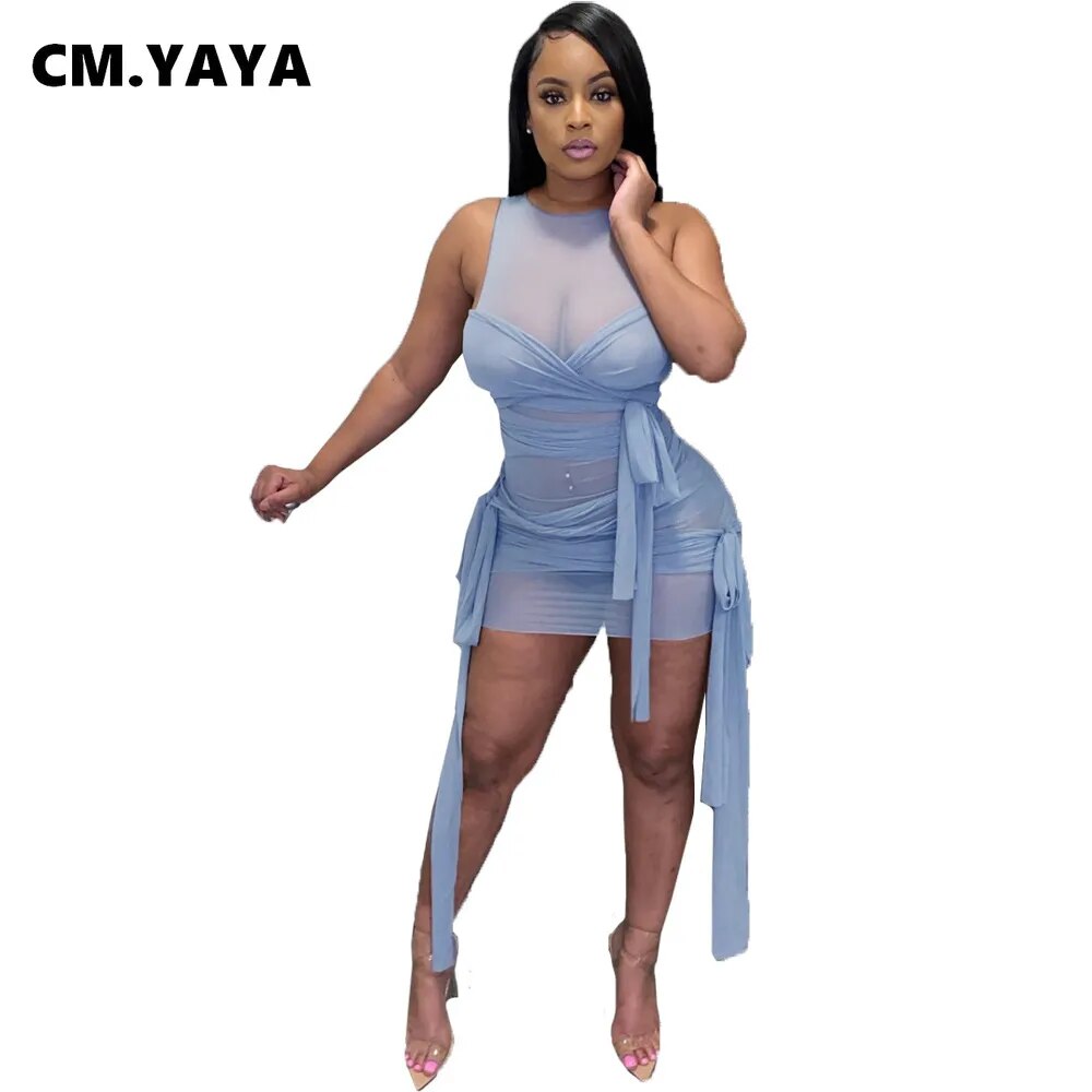 CM.YAYA Women's Mesh See Though Drawstring Lace Up Sleeveless Mini Dress