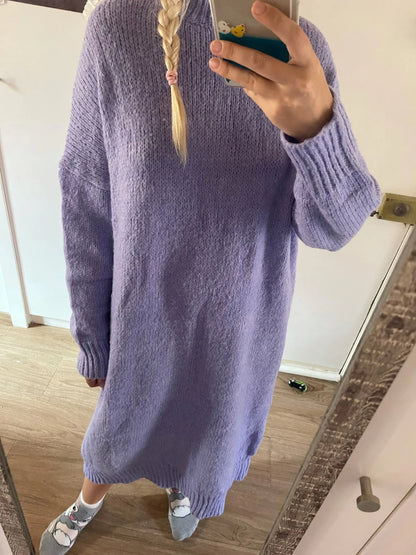 Winter Women Dress Fall Sweater Women Dress Long Sleeve Knitted Dresses Maxi Vintage Oversize Dresses Knitting Thick Warm Purple