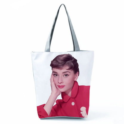 Audrey Hepburn Blowing Bubbles Printed Handbag Classic High Capacity Women Shoulder Bags Portable Eco Reusable Shopping Bags