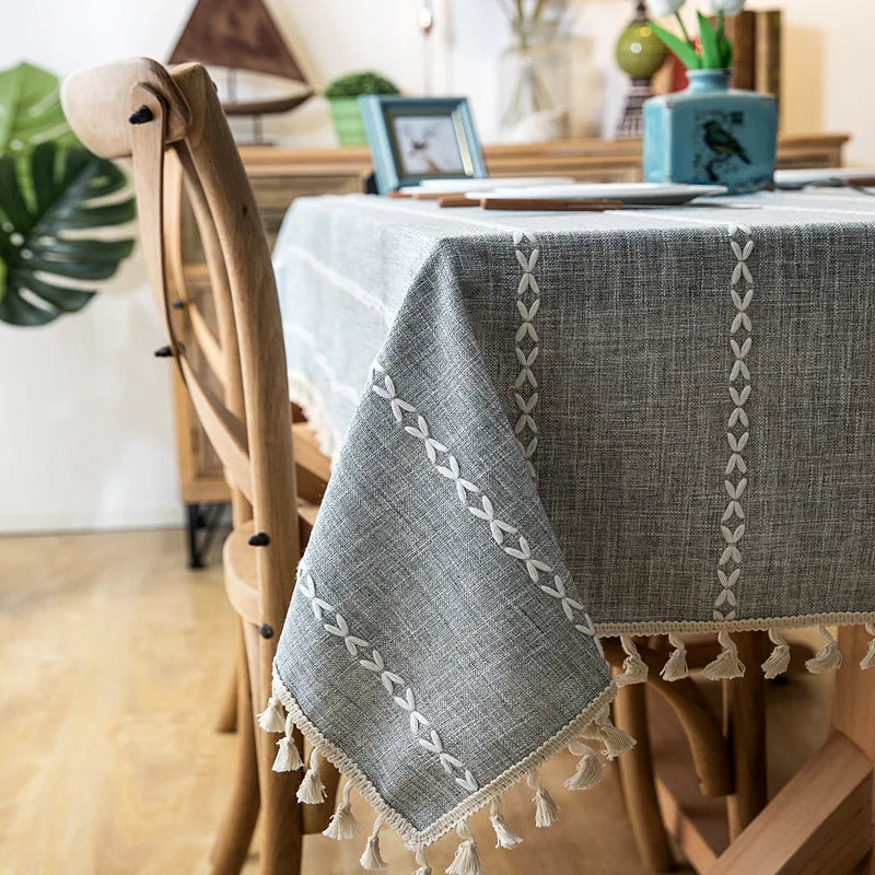 Solid Decorative Linen Tablecloth With Tassel Waterproof Thicken Rectangular Wedding Dining Table Cover Tea Table Cloth