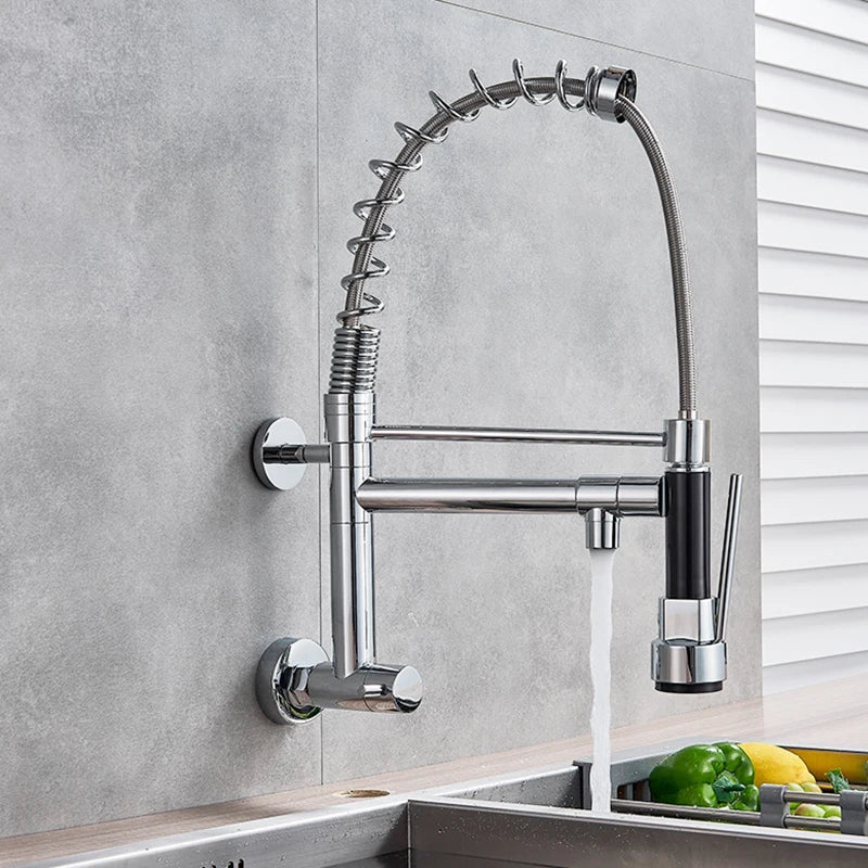 Wall Mounted Spring Kitchen Faucet Chrome Black Pull Down Sink Faucets Single Cold Water Dual Spouts Mixer 360 Rotation Crane