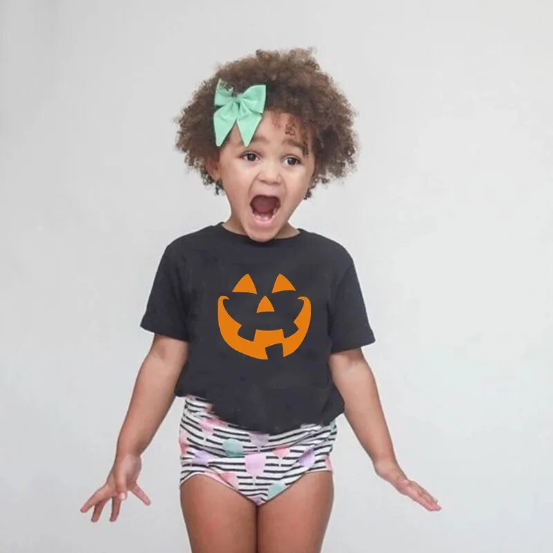 2021 Halloween Pumpkin Monster Print Children Girl Boy T-shirt Black Round Neck T Shirt Kids 2 to 10 Year Old Tees