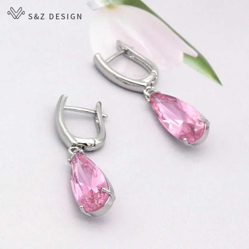 S&Z 10 Color Long Water Drop Cubic Zirconia Earring For Women Korean Fine Wedding Simple Fashion Party Jewelry
