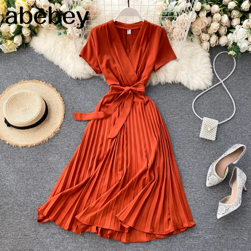 Vintage Slim v neck bandage pleated Dress Summer midi long elegant dress vestido de festa Women tunic Dresses