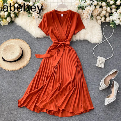 Vintage Slim v neck bandage pleated Dress Summer midi long elegant dress vestido de festa Women tunic Dresses