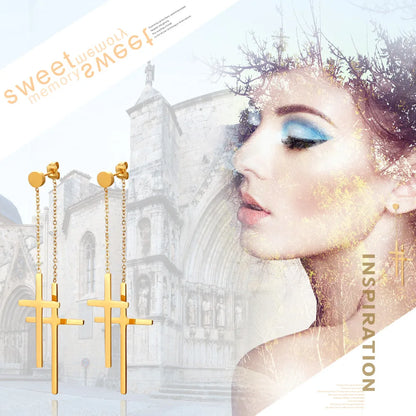 Boniskiss Fashion Tassel Double Cross long Drop Earrings Gold Silver Color Stainless Steel Woman Party Christmas Gift Jewelry