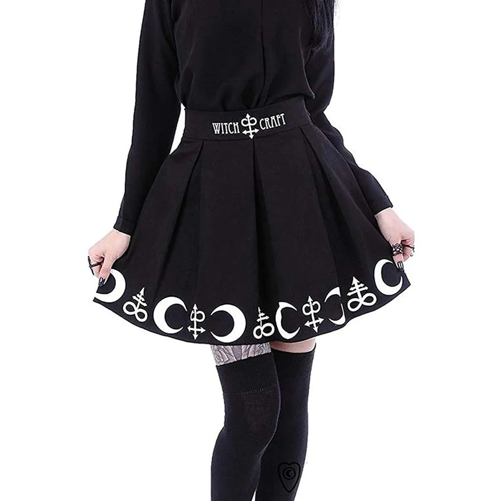 Goth Skirts Women 2022 Gothic Punk Pleated Mini Skirt Rock Girls Witchcraft Moon Magic Spell Symbols Skirt jupe юбка